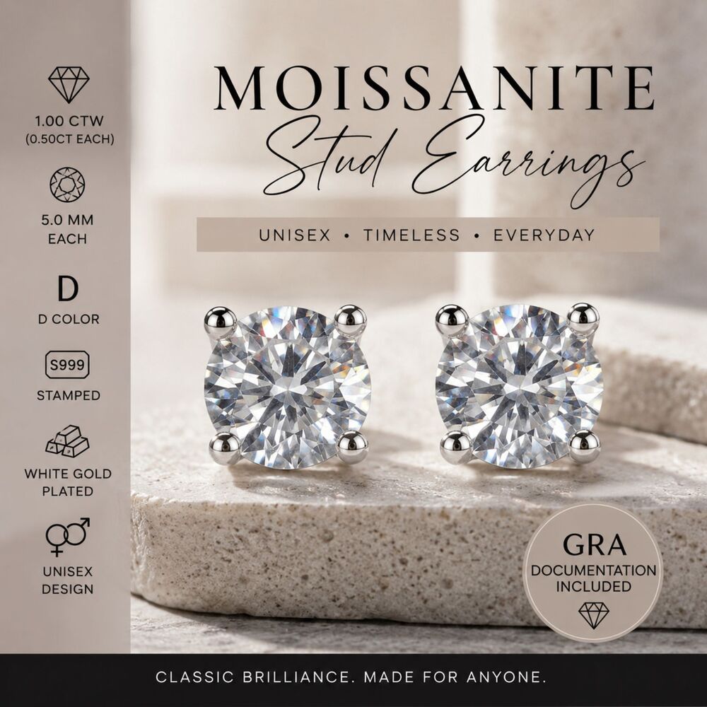 UNISEX 1 CT Moissanite Stud Earrings -S999 Stamped- White Gold Plated- GRA